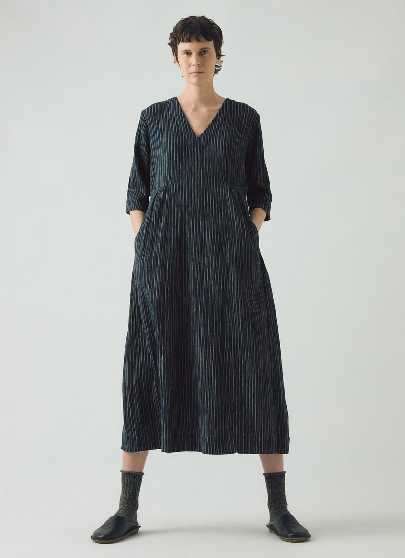 Stripe Crinkled Cotton V Neck Dress | Midnight Blue