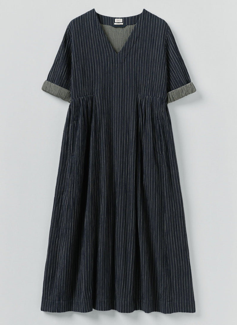Stripe Crinkled Cotton V Neck Dress | Midnight Blue