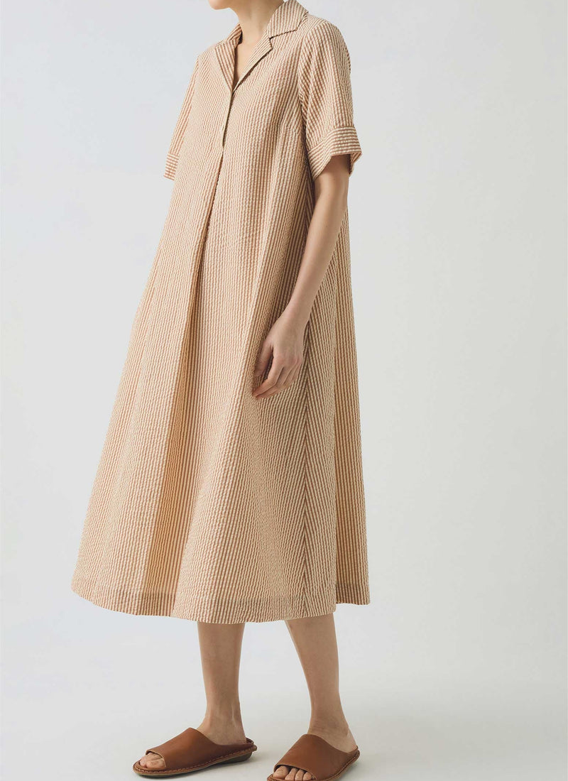 Stripe Cotton Seersucker Swing Dress | Terracotta/Ecru