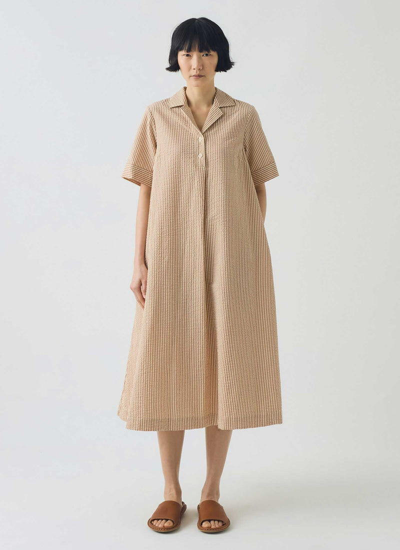 Stripe Cotton Seersucker Swing Dress | Terracotta/Ecru