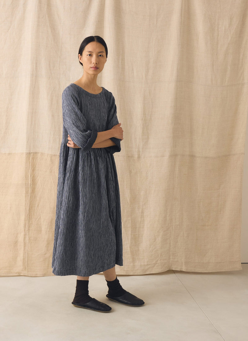 Freya Crinkle Cotton Dress | Dark Blue/White