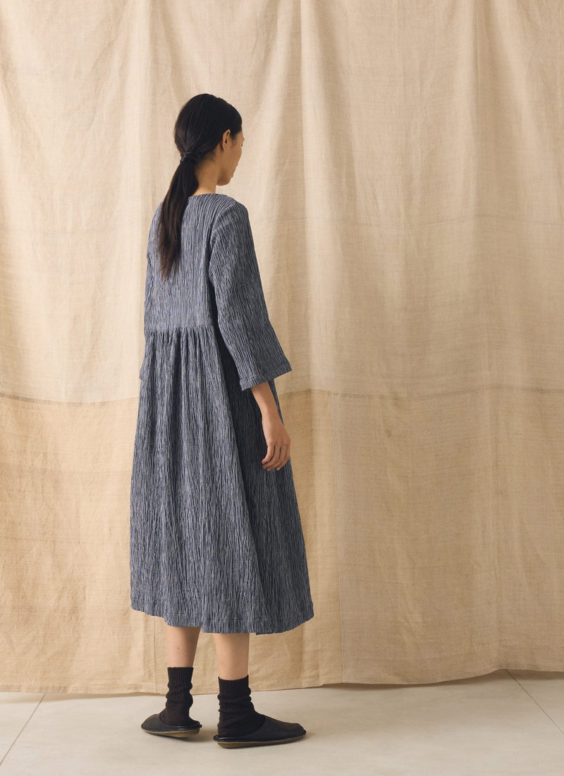 Freya Crinkle Cotton Dress | Dark Blue/White