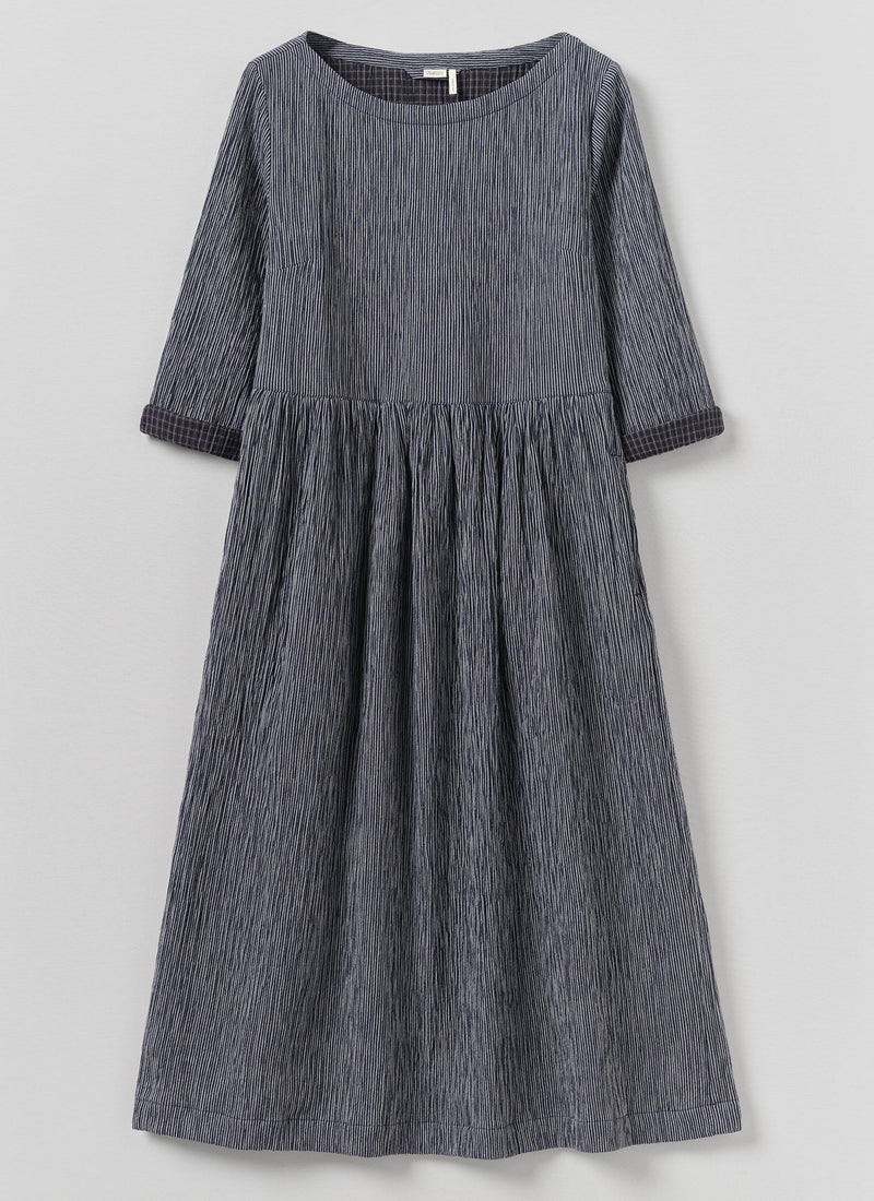 Freya Crinkle Cotton Dress | Dark Blue/White