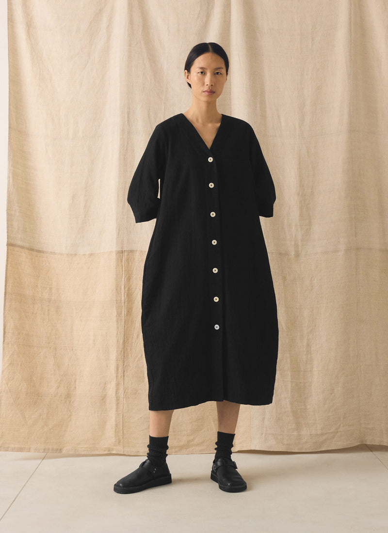 Button Front Crinkle Cotton Dress | Black