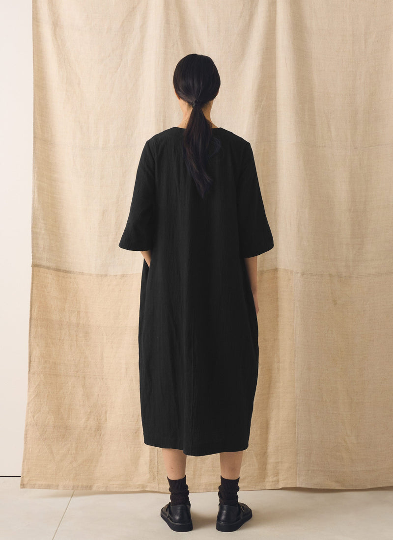 Button Front Crinkle Cotton Dress | Black