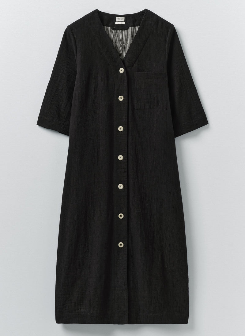 Button Front Crinkle Cotton Dress | Black