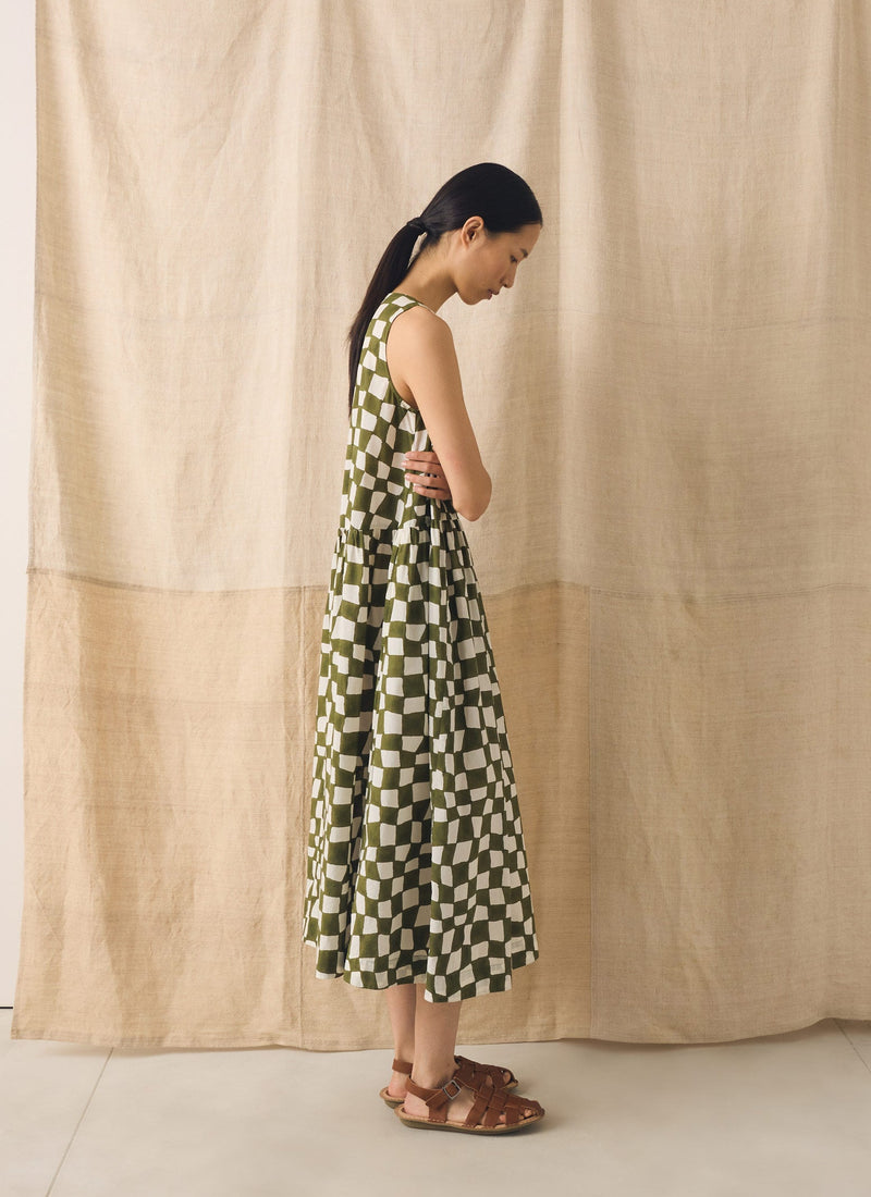 Block Print Warp Check Sleeveless Dress | Olive