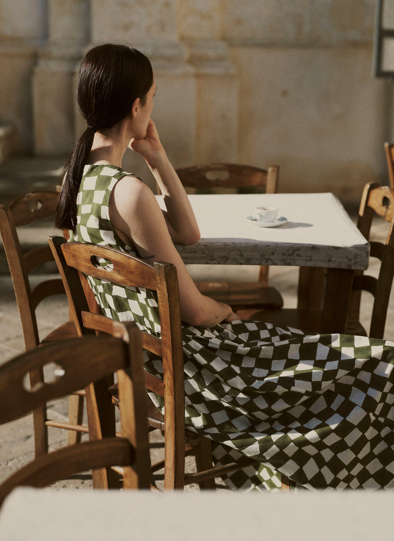 Block Print Warp Check Sleeveless Dress | Olive