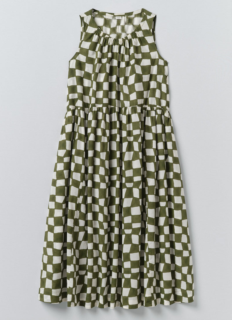 Block Print Warp Check Sleeveless Dress | Olive