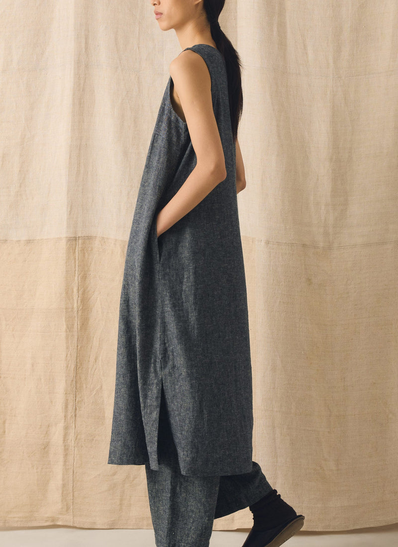 Linen Cotton Twill Apron Shift Dress | Navy/Ecru