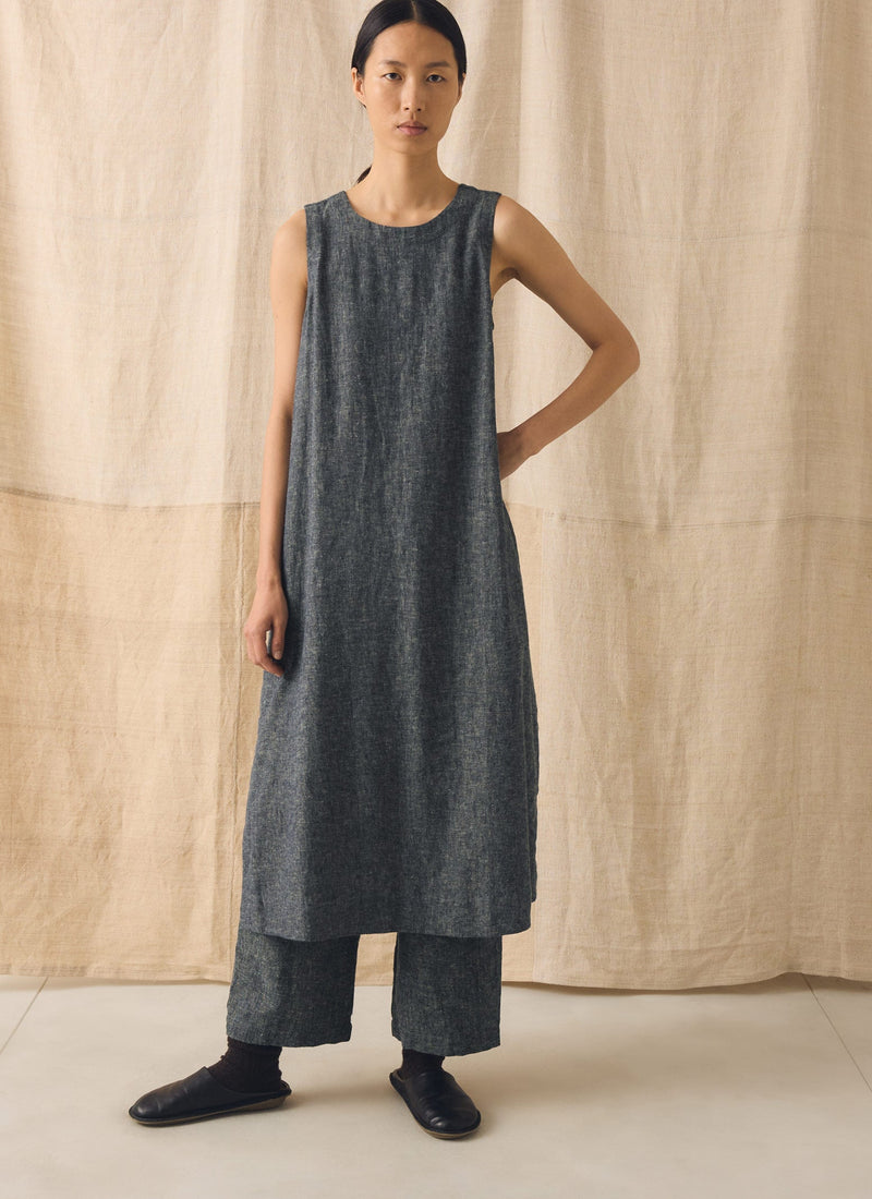Linen Cotton Twill Apron Shift Dress | Navy/Ecru