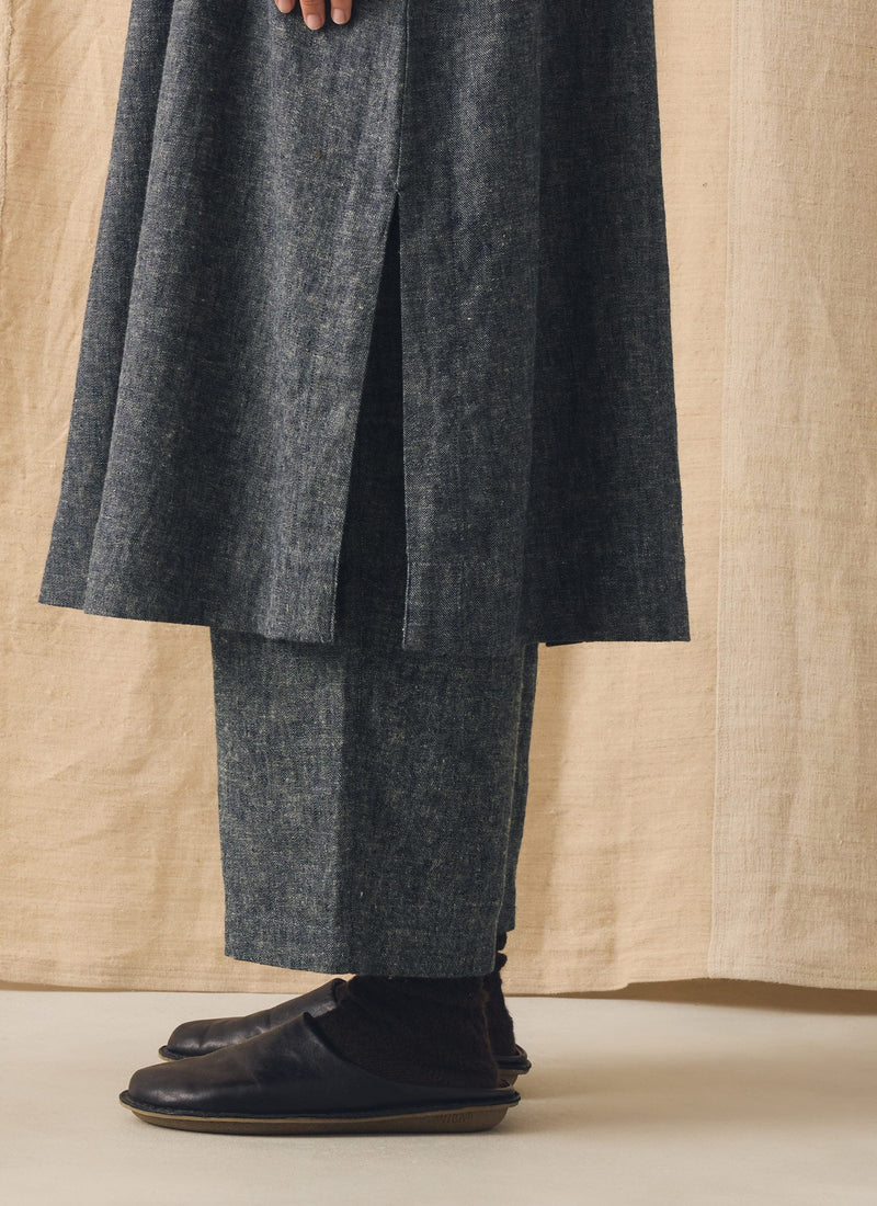 Linen Cotton Twill Apron Shift Dress | Navy/Ecru