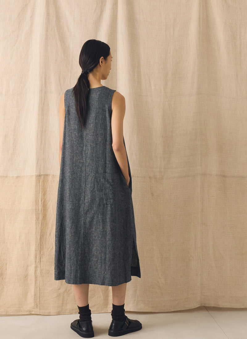 Linen Cotton Twill Apron Shift Dress | Navy/Ecru