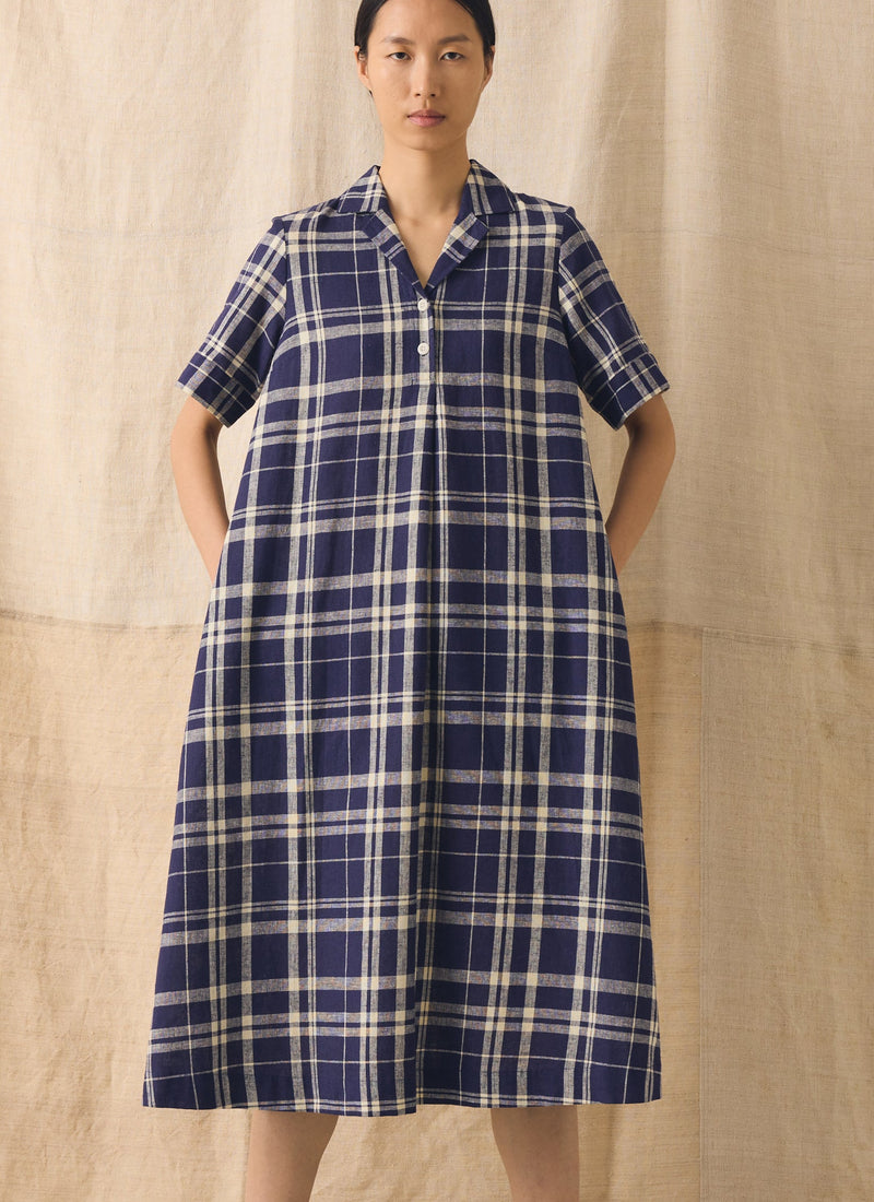 Check Linen Cotton Swing Dress | Blue/Soya