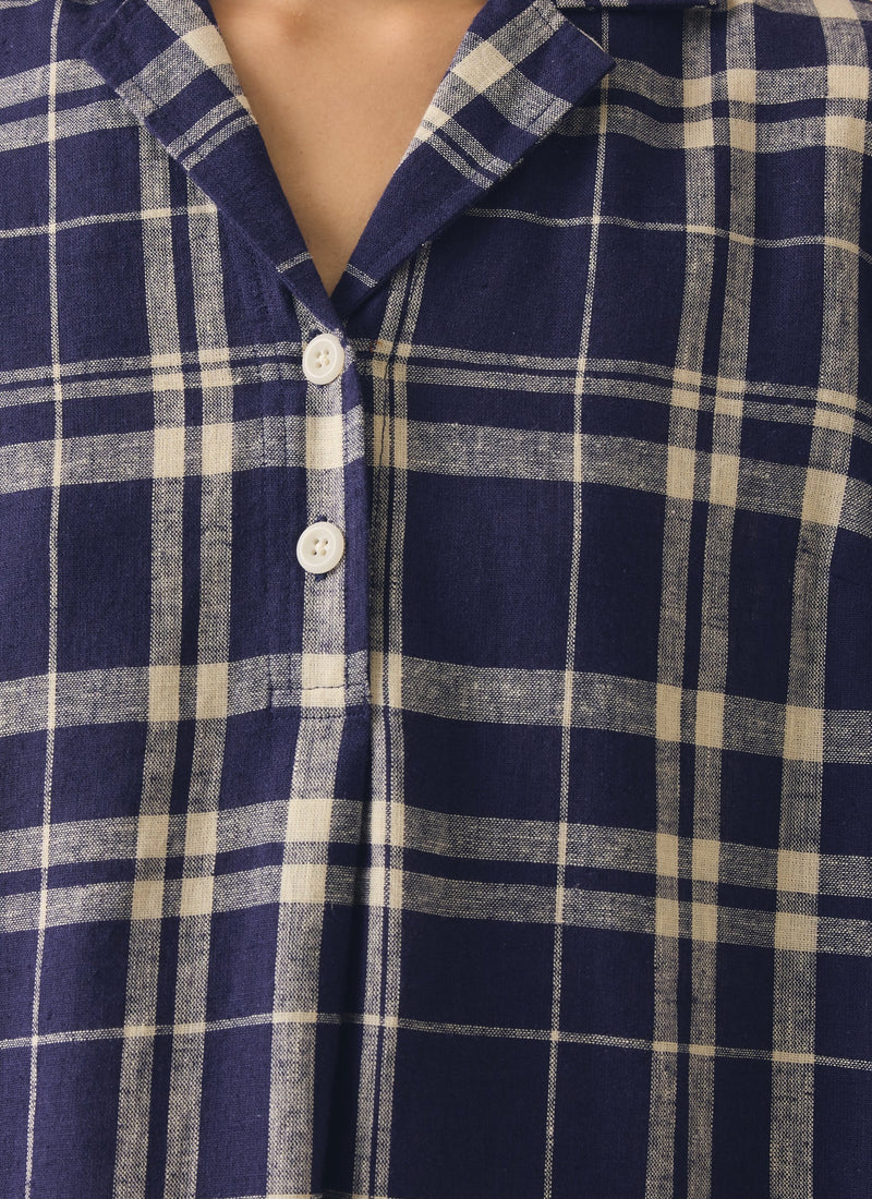 Check Linen Cotton Swing Dress | Blue/Soya