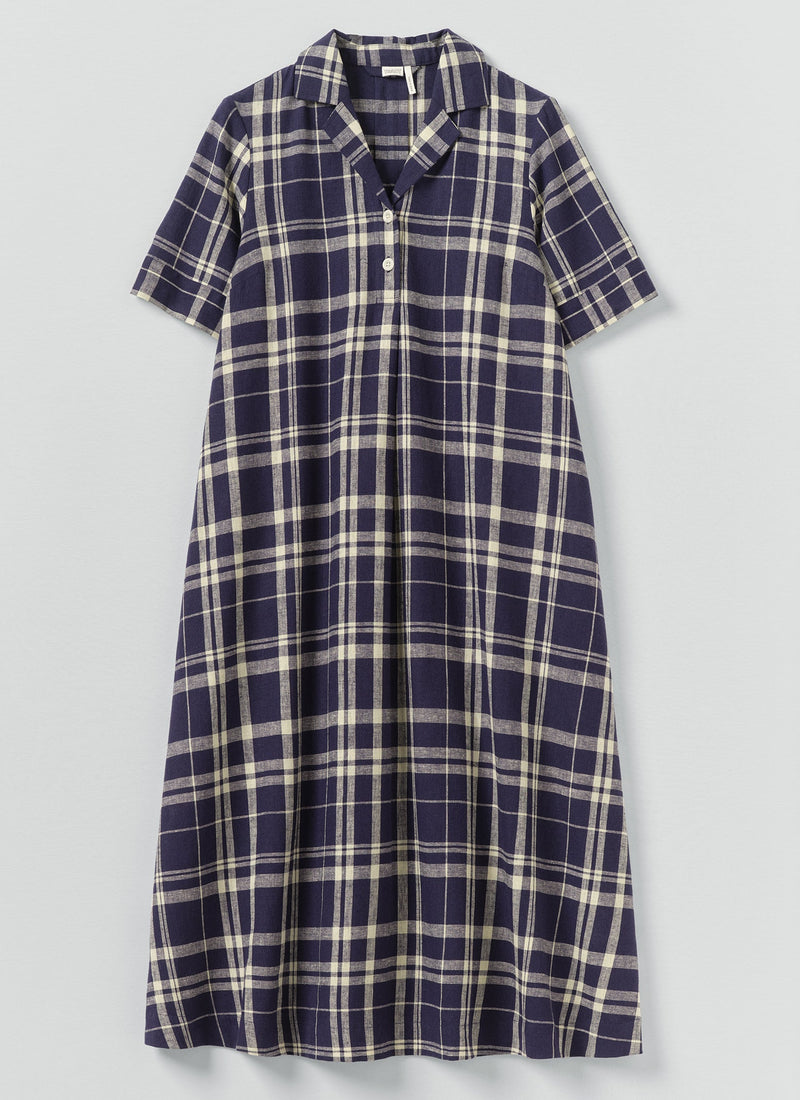 Check Linen Cotton Swing Dress | Blue/Soya