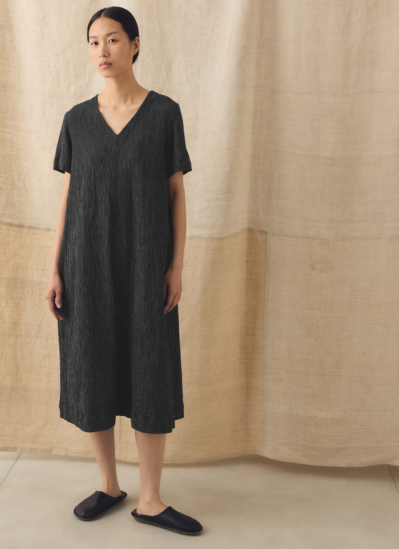 Fine Stripe Crinkled Cotton V Neck Dress | Earth/Ecru