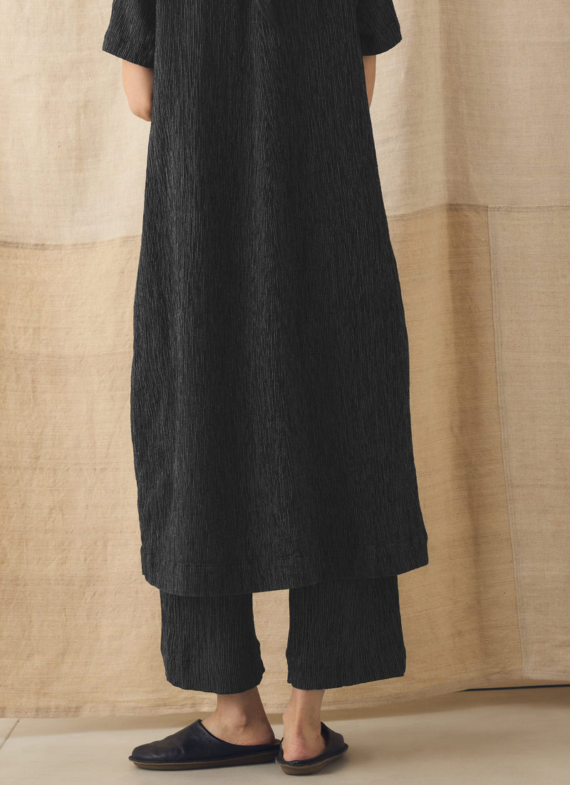 Fine Stripe Crinkled Cotton V Neck Dress | Earth/Ecru