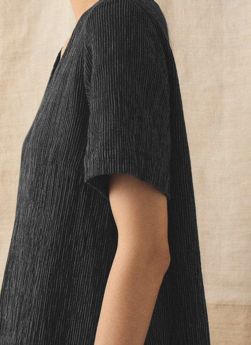 Fine Stripe Crinkled Cotton V Neck Dress | Earth/Ecru