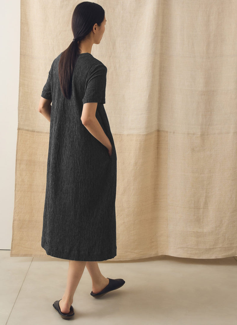 Fine Stripe Crinkled Cotton V Neck Dress | Earth/Ecru