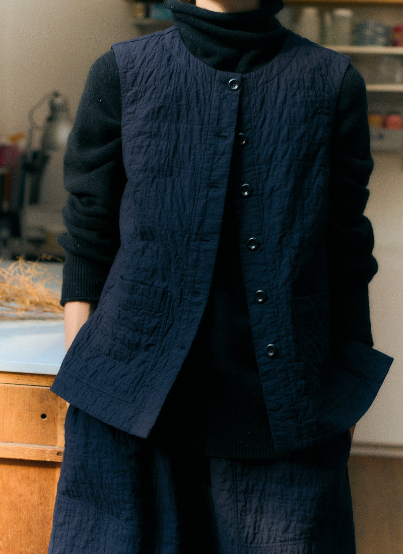 Quilted Cotton Sleeveless Jacket | Indigo Blue