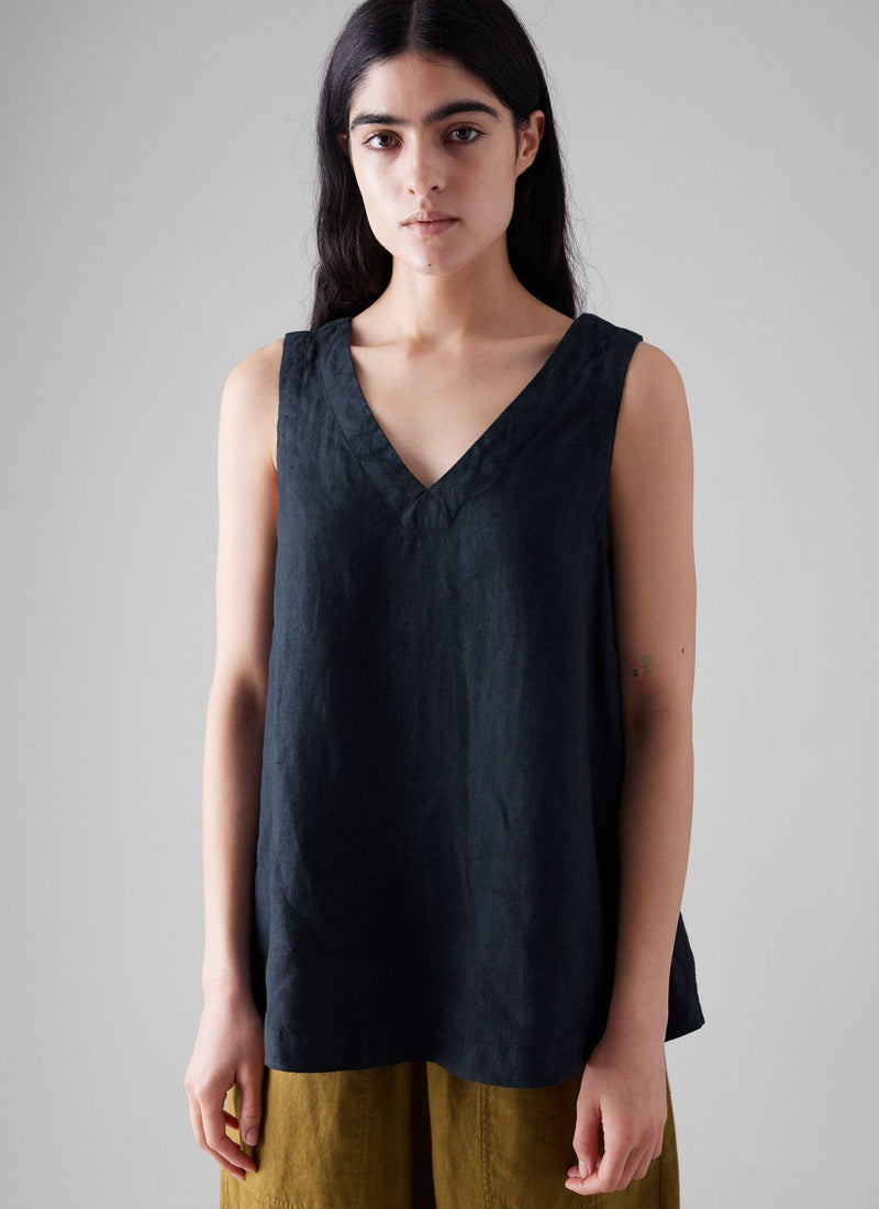 Garment Dyed Linen V-Neck Tank | Midnight