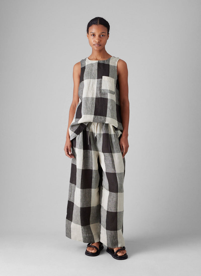 Macro Gingham Lightweight Linen Trousers | Ecru/Charcoal