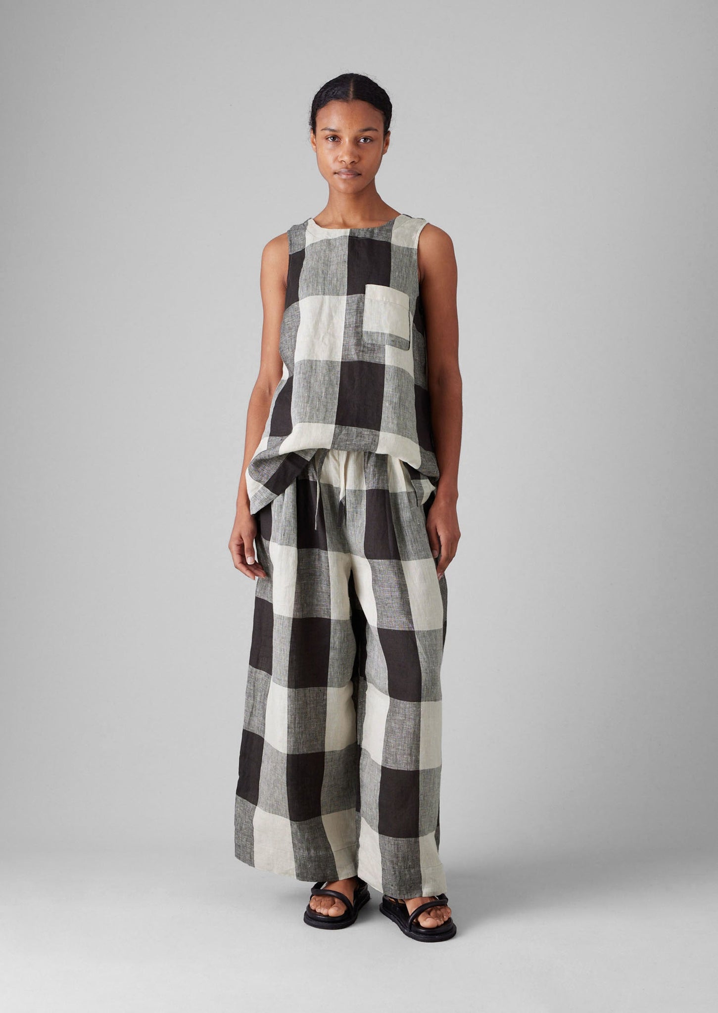Macro Gingham Lightweight Linen Trousers | Ecru/Charcoal