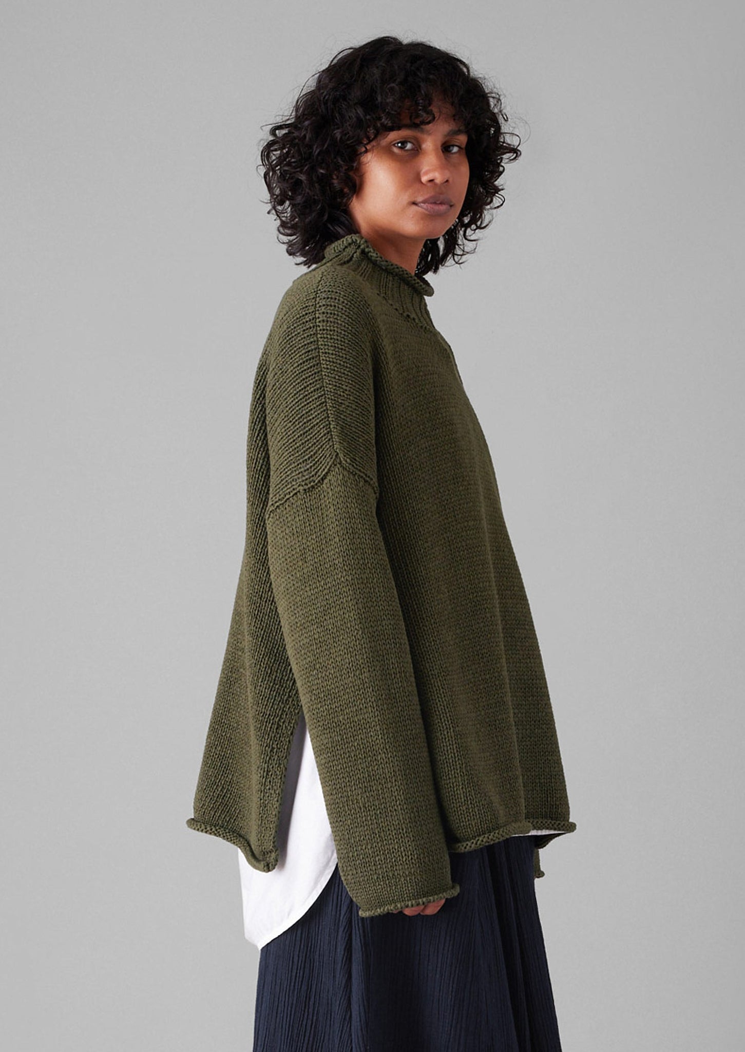 Textured Cotton Easy Sweater | Darkest Olive