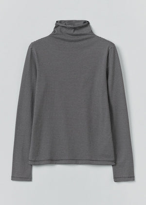Stripe Cotton High Neck Tee | Dark Navy/Ecru