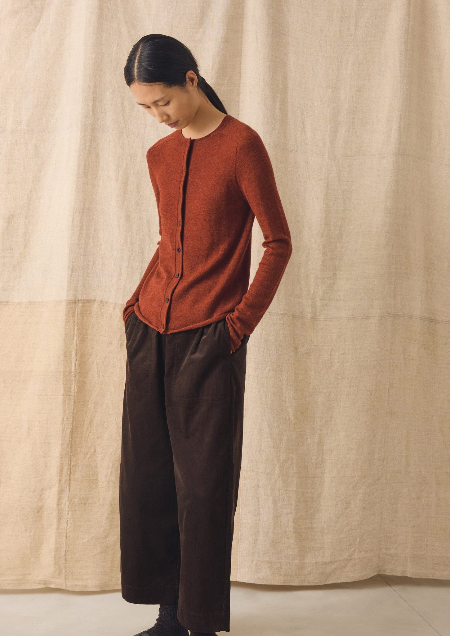 Wool Cashmere Neat Cardigan | Warm Terracotta