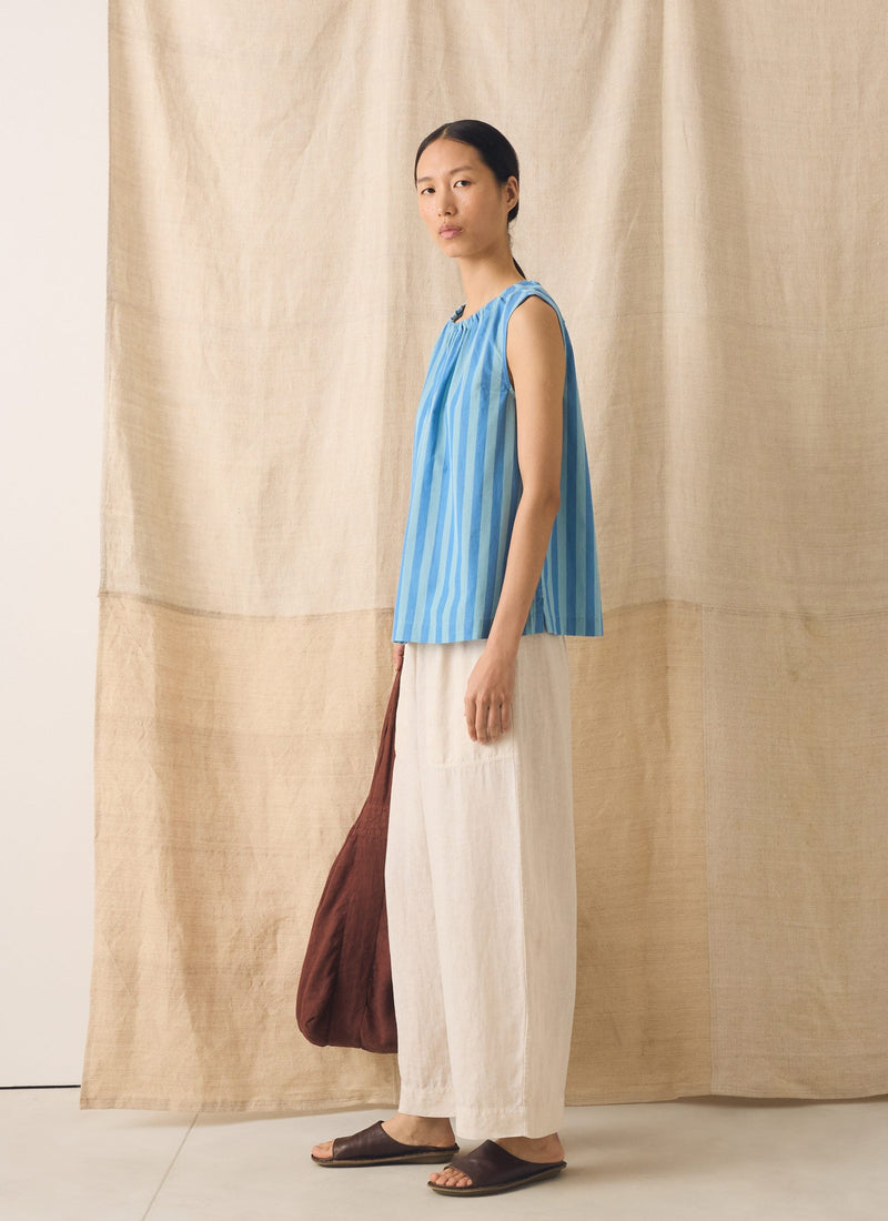 Oyo Stripe Gathered Cotton Tank | Aqua/Cornflower