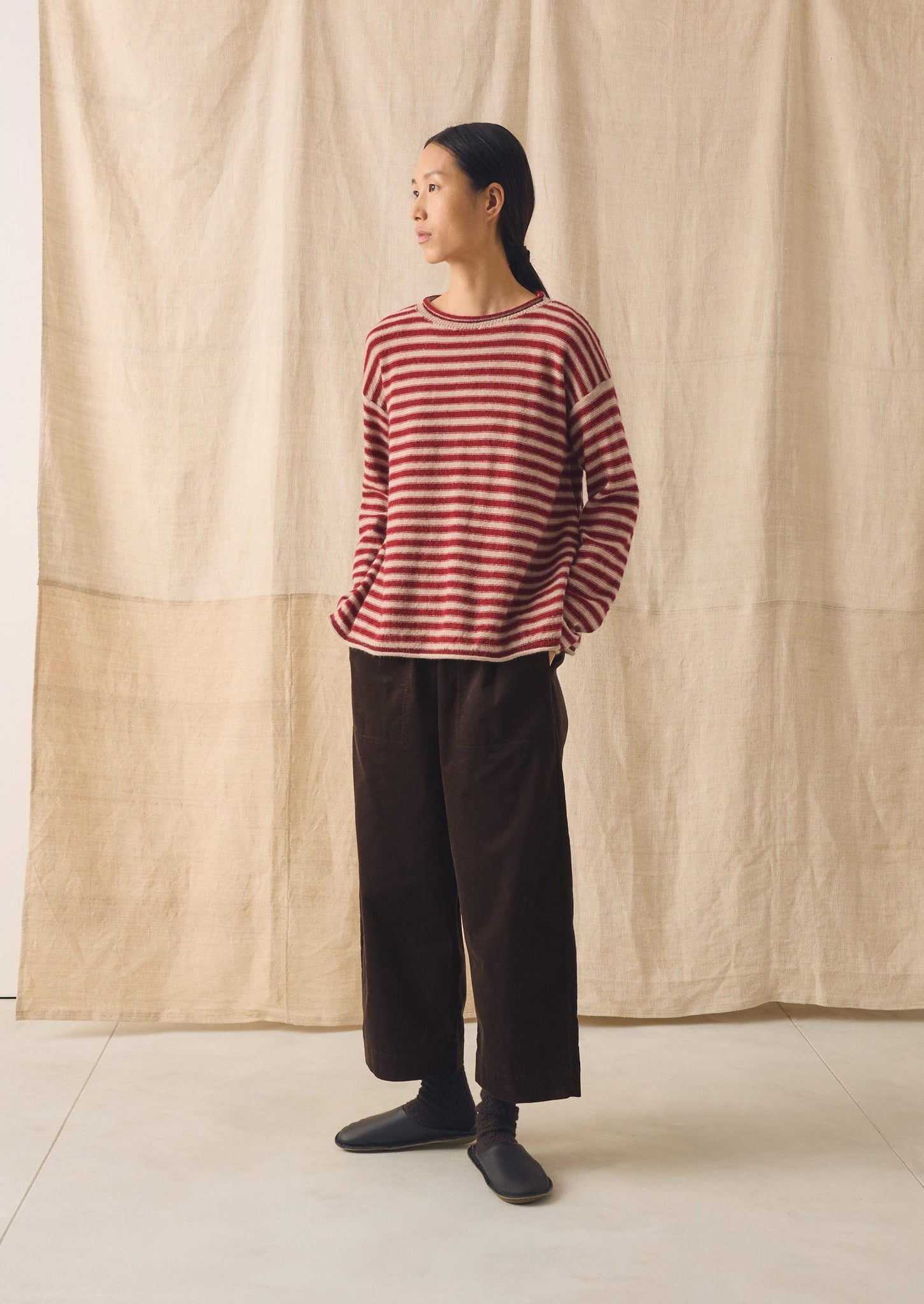 Stripe Alpaca Wool Sweater | Oatmeal/Red