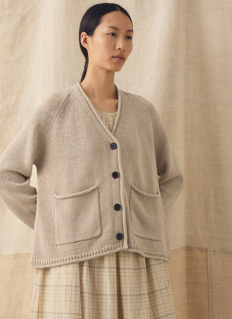 Cotton Linen V Neck Cardigan | Putty