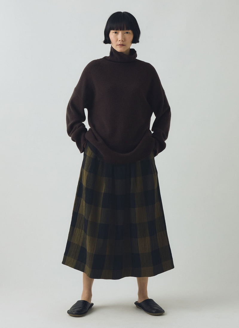 Crinkle Cotton Macro Gingham Skirt | Olive/Black