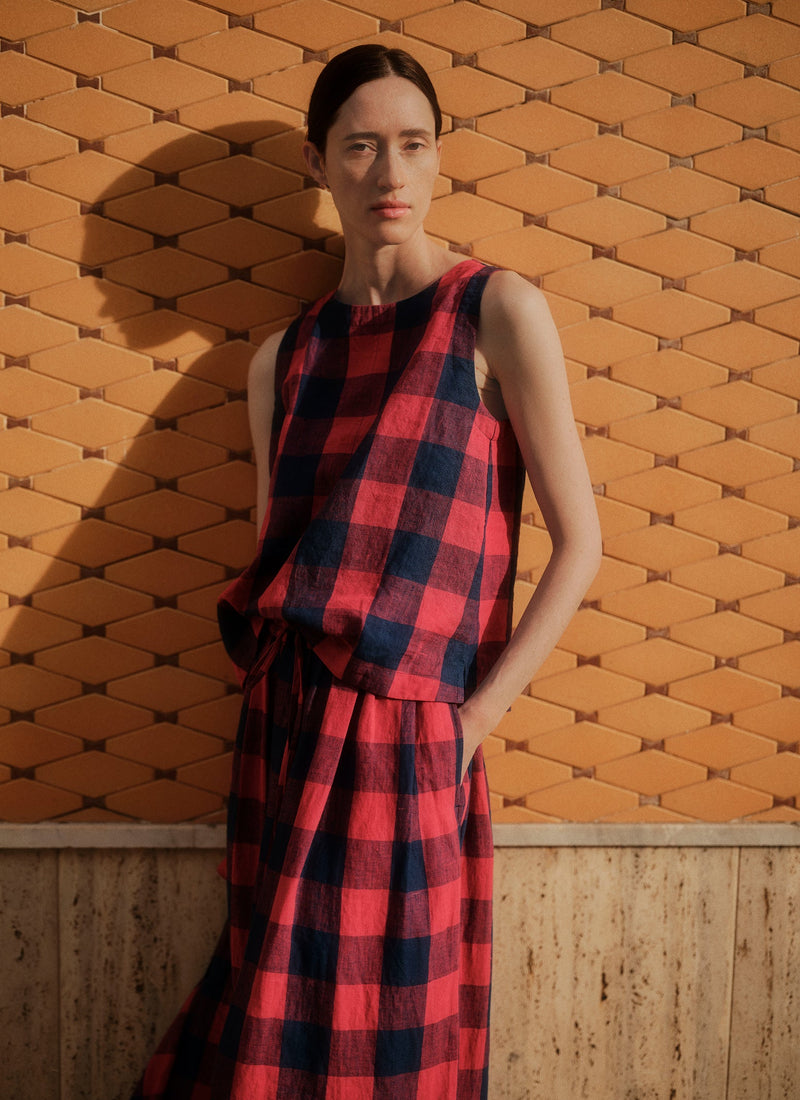 Gingham Check Linen Skirt | Raspberry/Blue