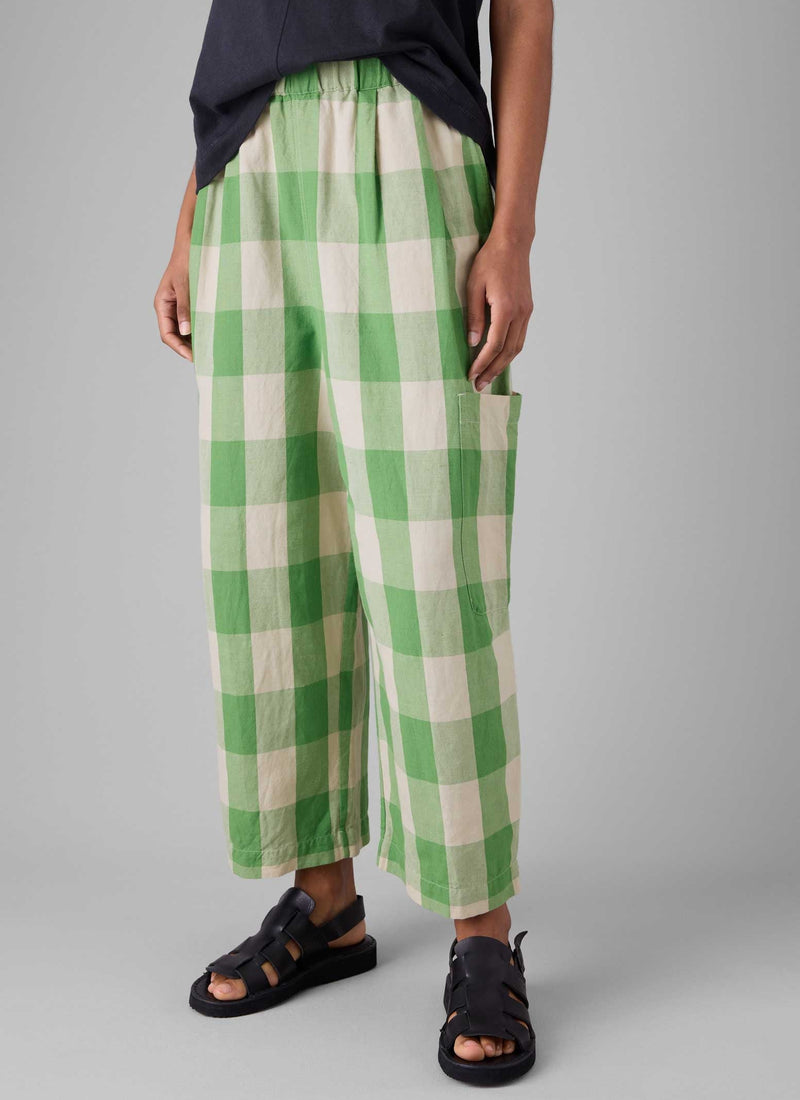 Gingham Linen Cotton Trousers | Lawn Green/Pulp