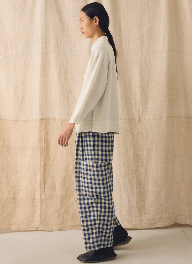 Gingham Linen Cotton Patch Pocket Trousers | Denim Blue
