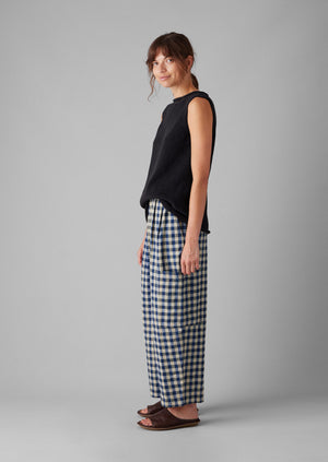 Gingham Linen Cotton Patch Pocket Trousers | Denim Blue