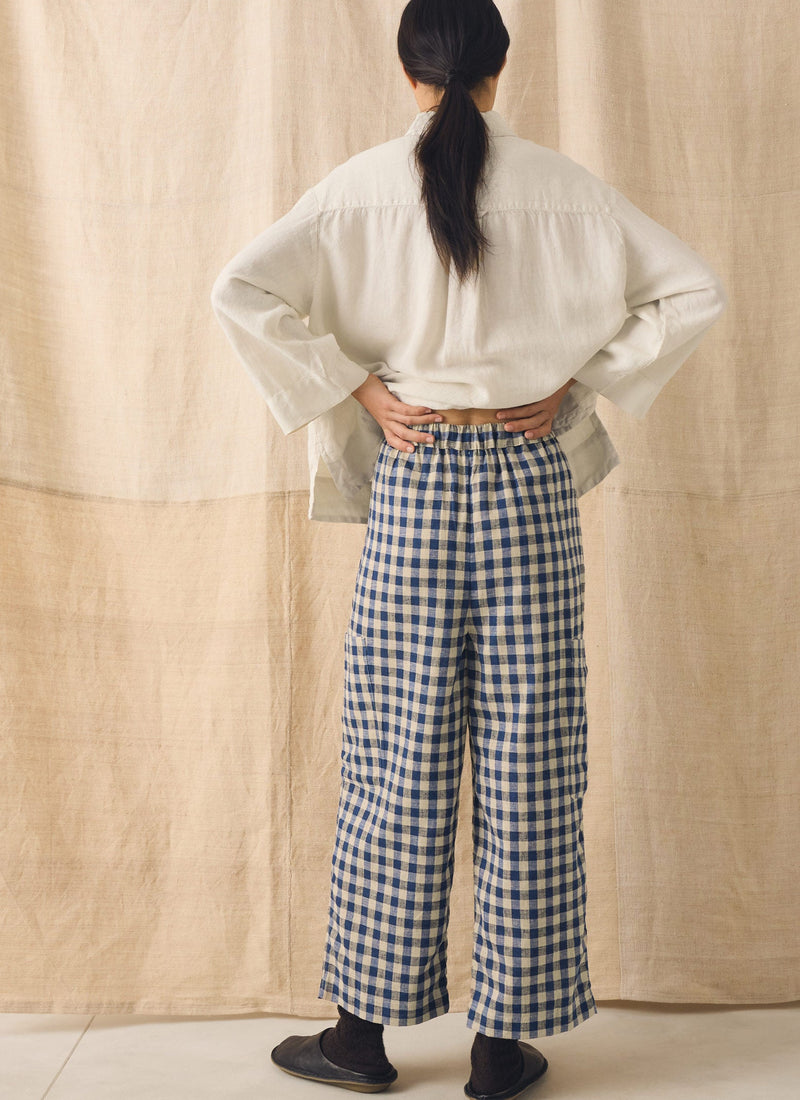 Gingham Linen Cotton Patch Pocket Trousers | Denim Blue