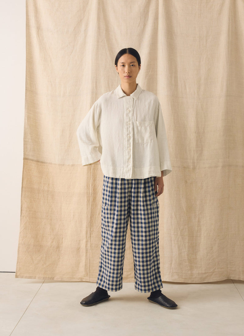 Gingham Linen Cotton Patch Pocket Trousers | Denim Blue
