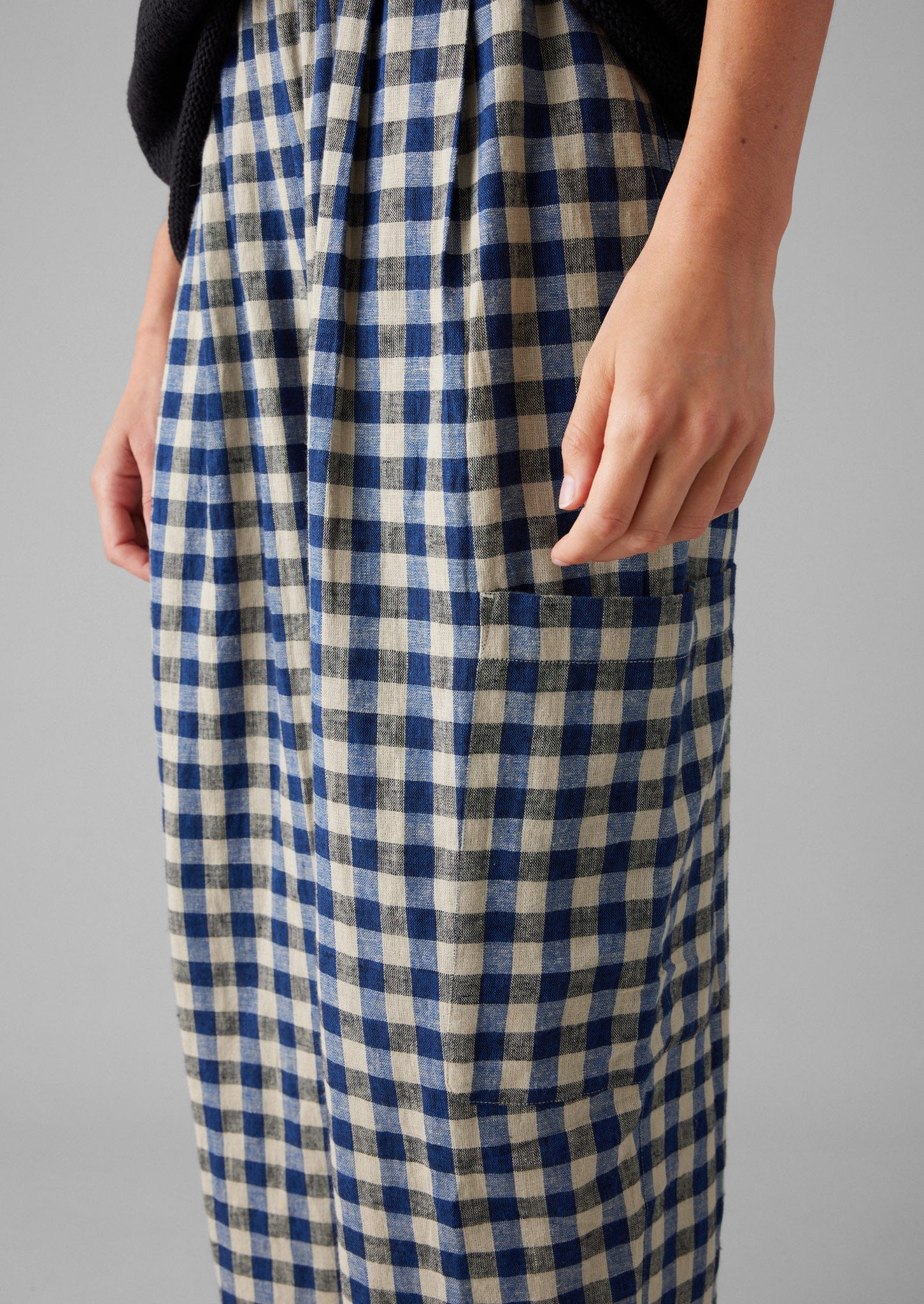 Gingham Linen Cotton Patch Pocket Trousers | Denim Blue