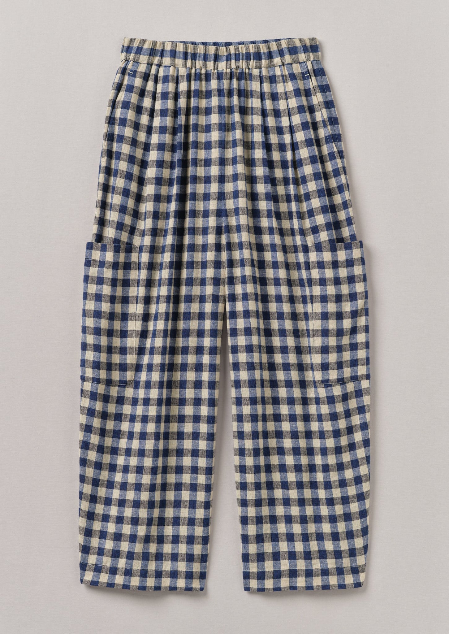 Gingham Linen Cotton Patch Pocket Trousers | Denim Blue