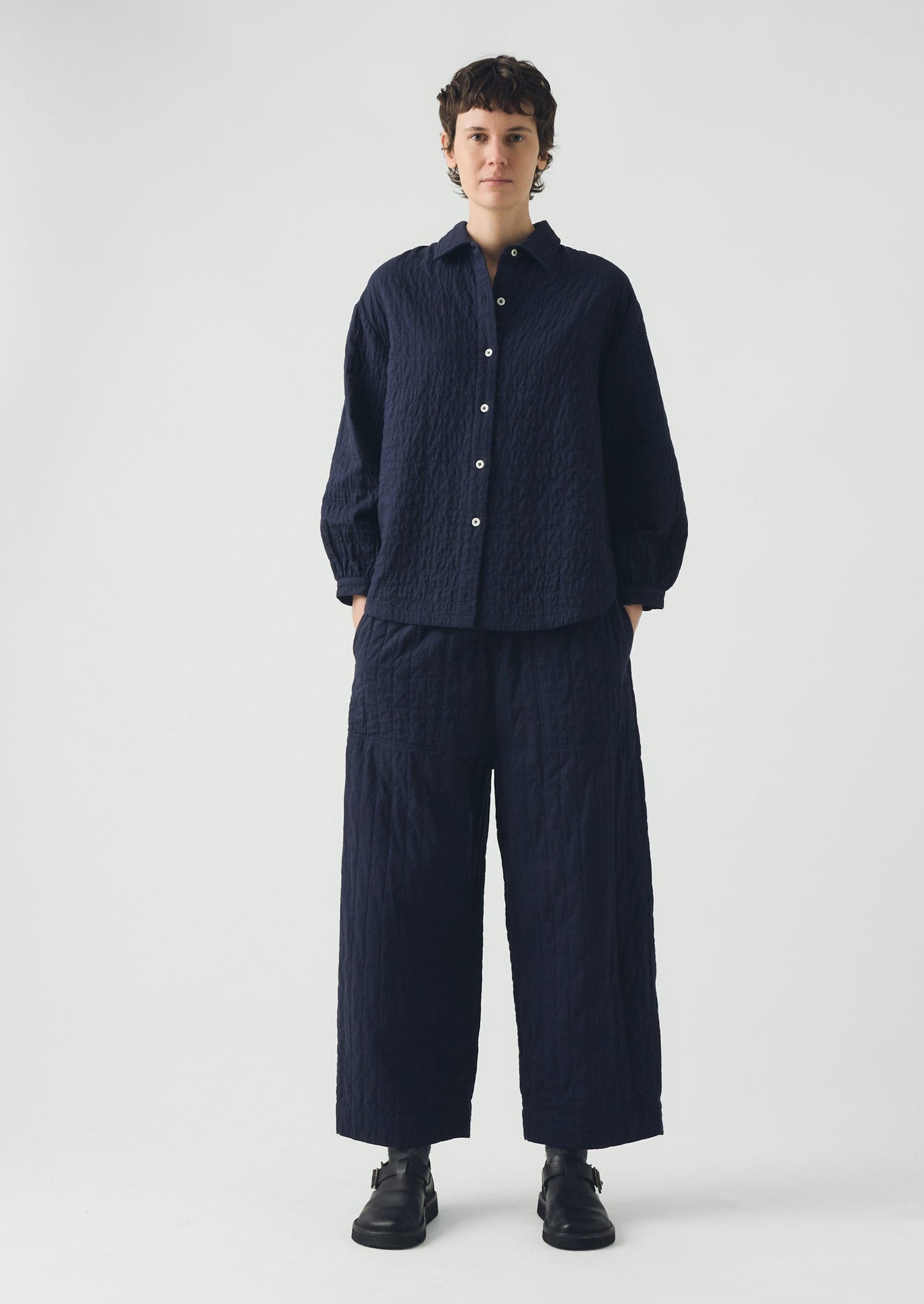 Quilted Cotton Barrel Leg Trousers | Indigo Blue