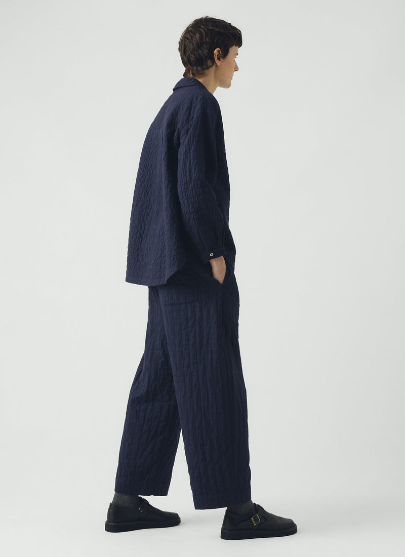 Quilted Cotton Barrel Leg Trousers | Indigo Blue
