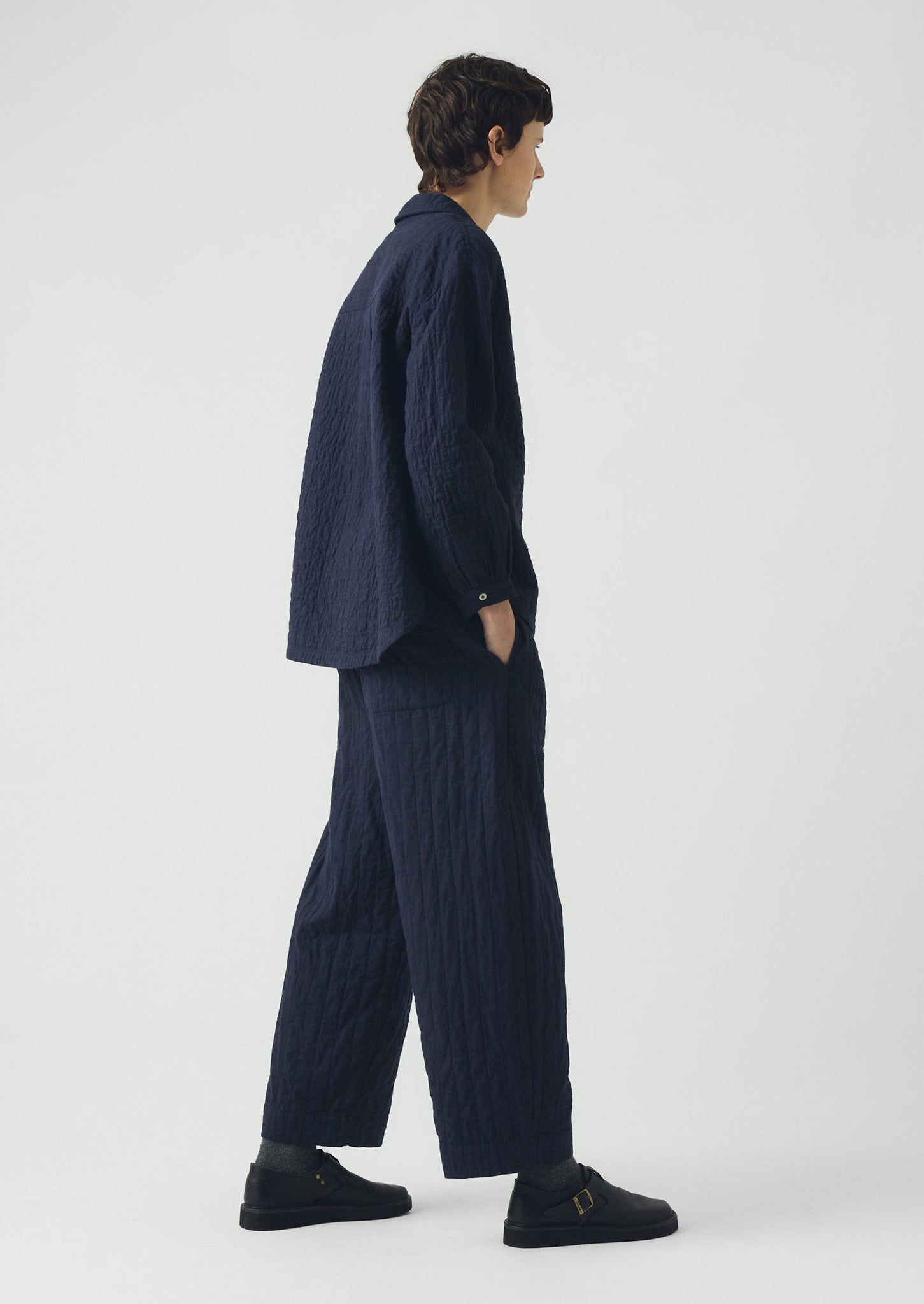 Quilted Cotton Barrel Leg Trousers | Indigo Blue
