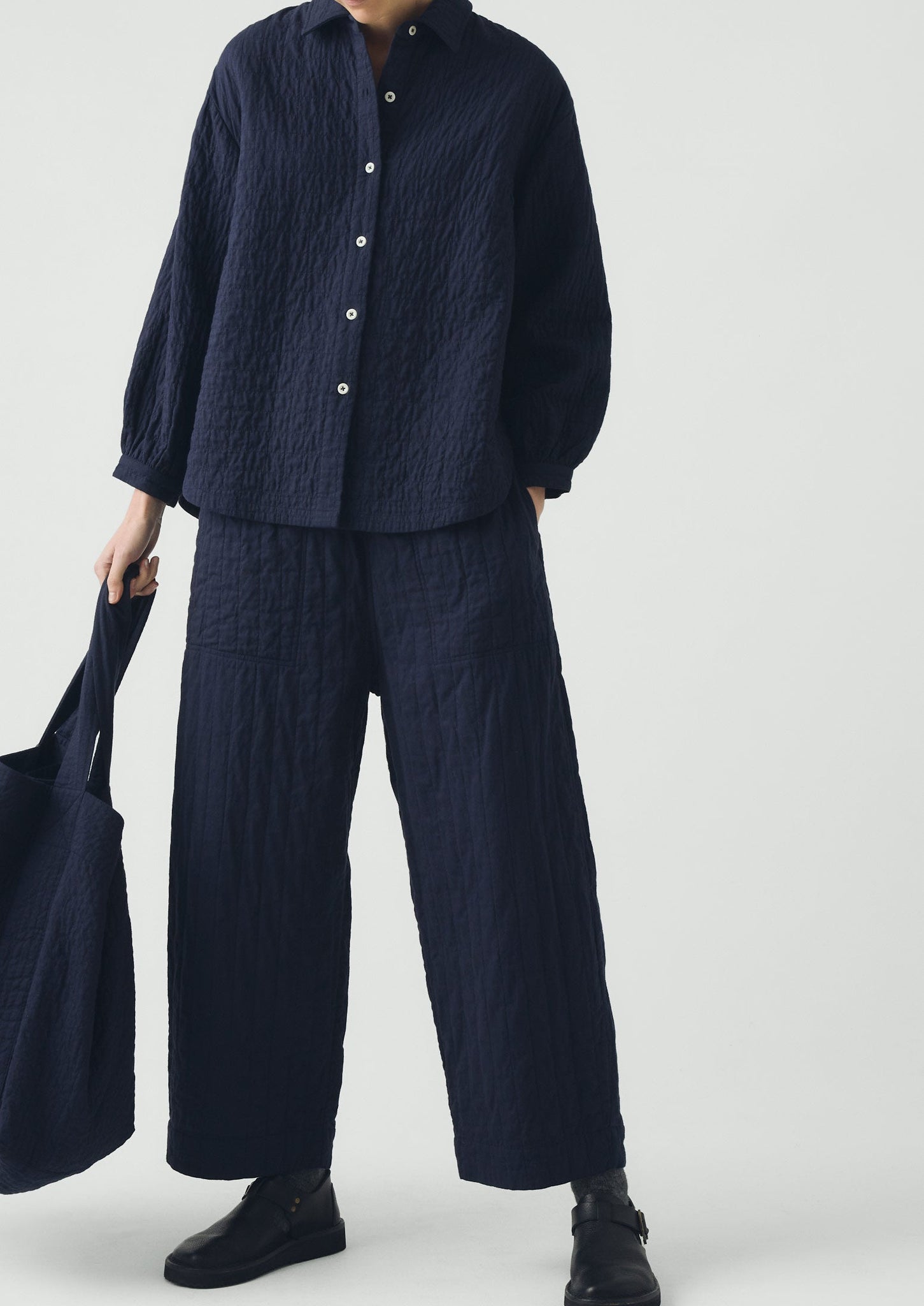 Quilted Cotton Barrel Leg Trousers | Indigo Blue