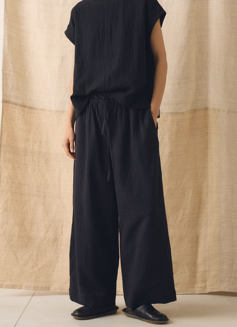 Crinkle Cotton Gauze Wide Leg Trousers | Blackberry