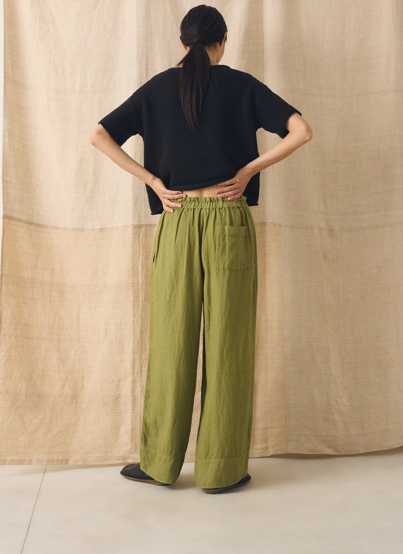 Garment Dyed Linen Wide Leg Trousers | Pale Olive