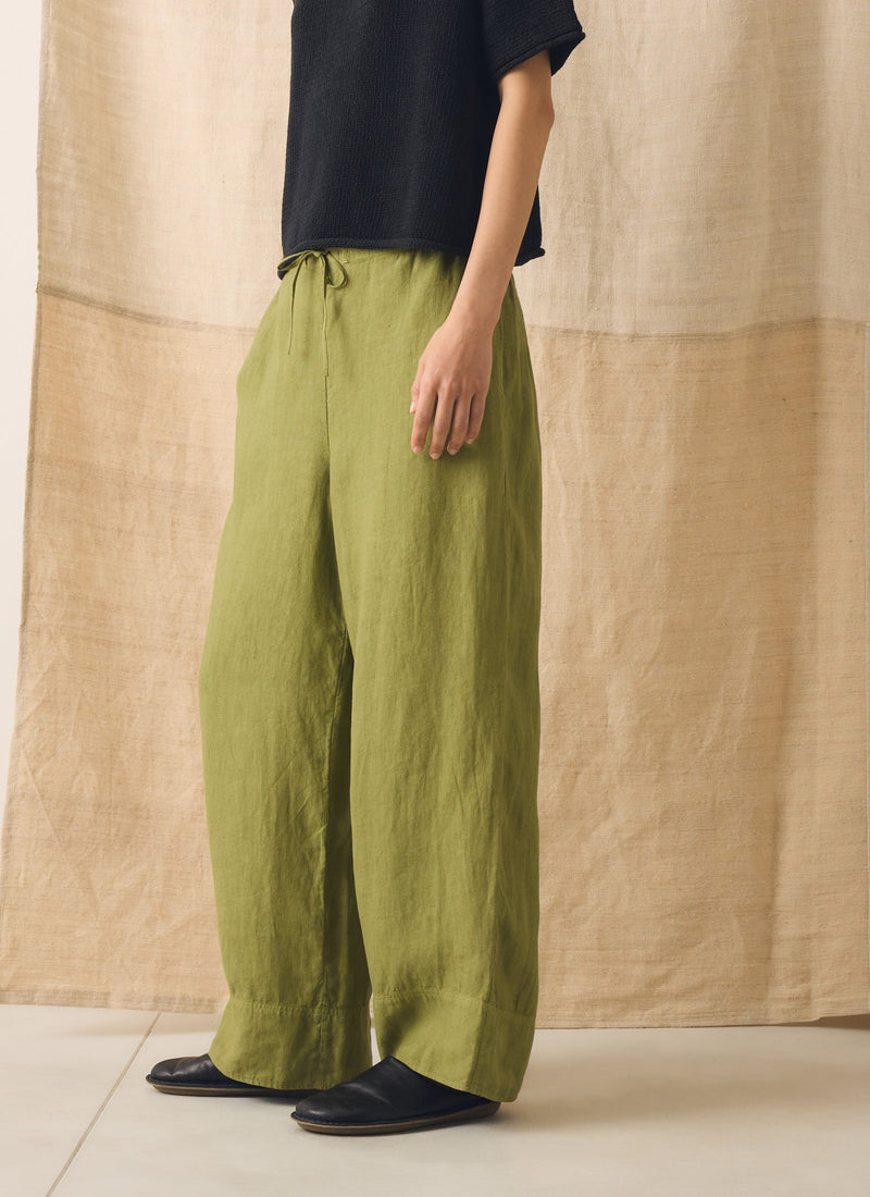 Garment Dyed Linen Wide Leg Trousers | Pale Olive